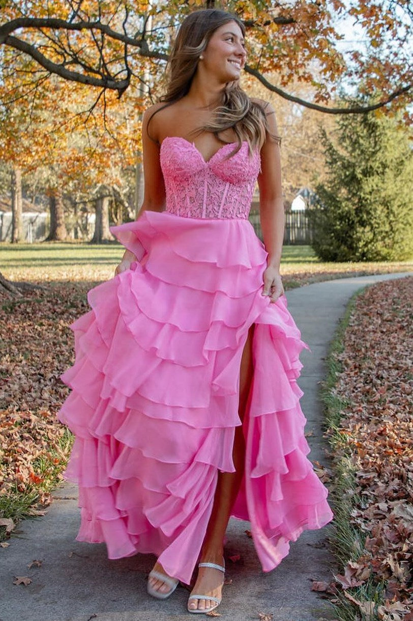 Royal Blue Chiffon Sweetheart Ruffle Tiered Long Prom Dress