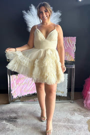 Light Blue Tulle V-Neck Tiered Short Party Dress with Ruffles