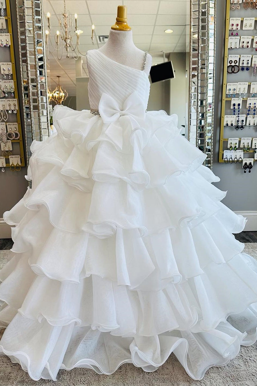 Asymmetrical White Bow Tiered Long Girl Pageant Dress with Ruffles