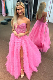 Appliques Sweetheart Ruffle Tiered A-Line Prom Dress in hot pink