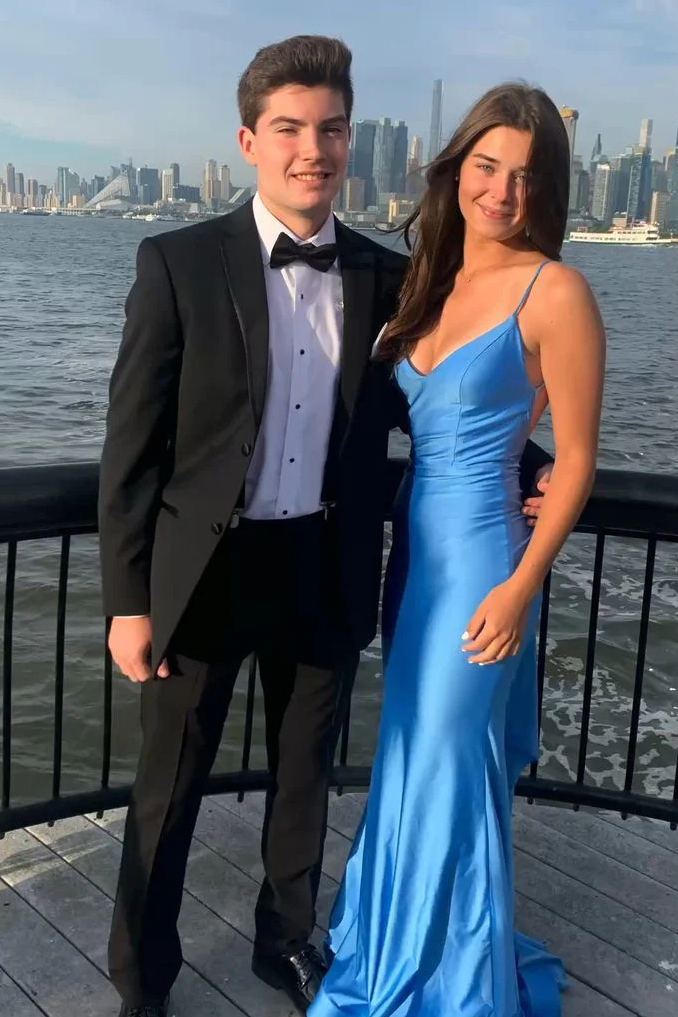 Blue Sheath Spaghetti Straps Satin Open Back Long Prom Dress main image 0