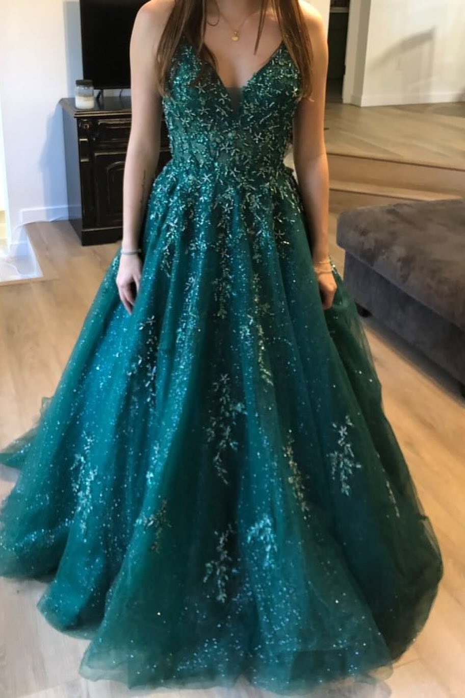 A-Line Round Neck Cap Sleeves Prom Dress With Appliques   cg14532