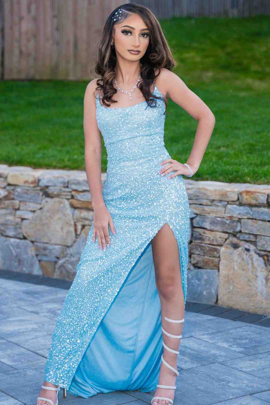 Light Blue Spaghetti Straps Sequined High Slit Long Prom Dress with Sl