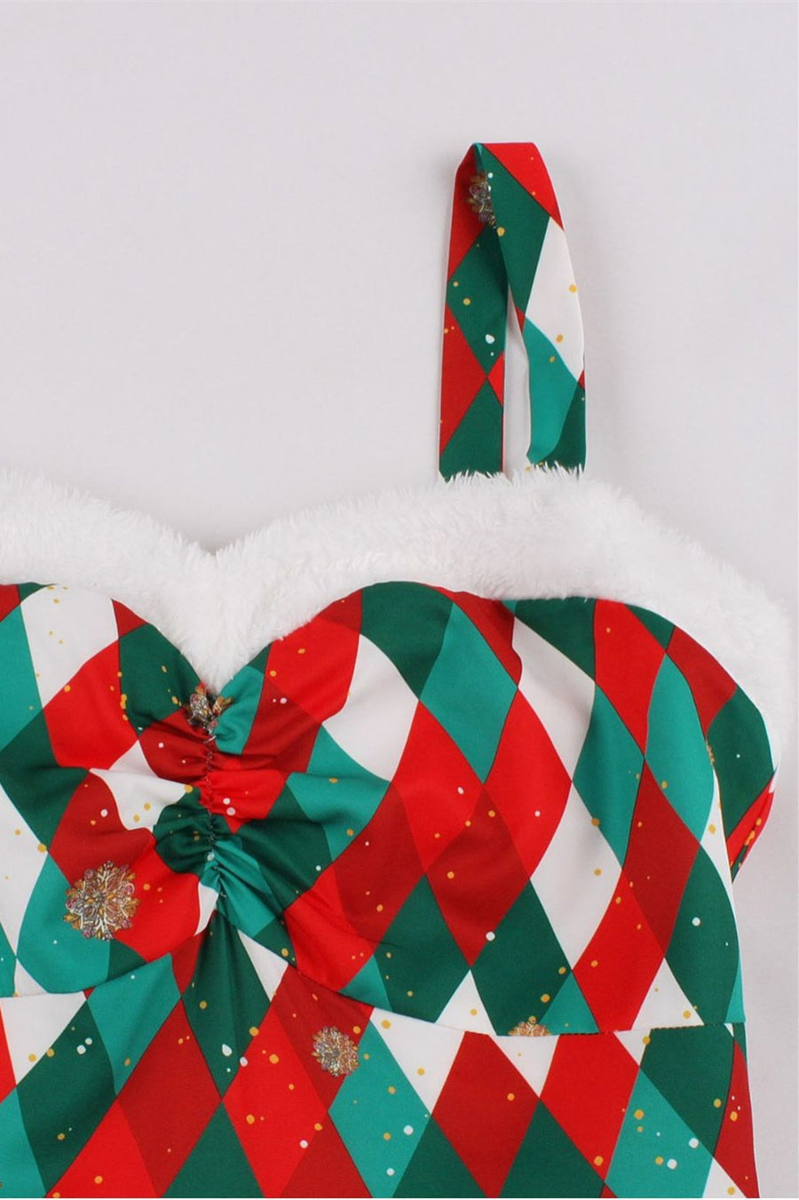 Christmas Gingham Fur Strap A-Line Midi Dress