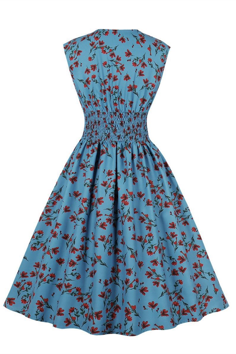 Blue Print Sleeveless A-Line Dress with Buttons