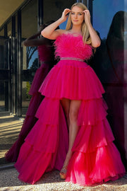 High-Low Hot Pink Strapless Feathers Prom Dress