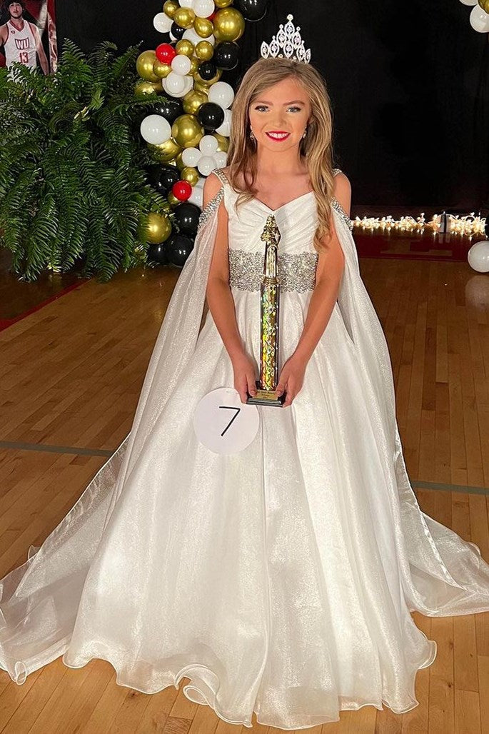 Pink Cold-Shoulder Beaded Long Girl Pageant Dress