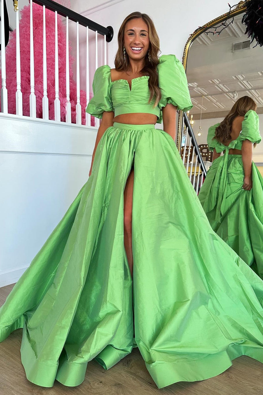 Two-Piece Green Puff Sleeve Tie-Back Long Prom Dress