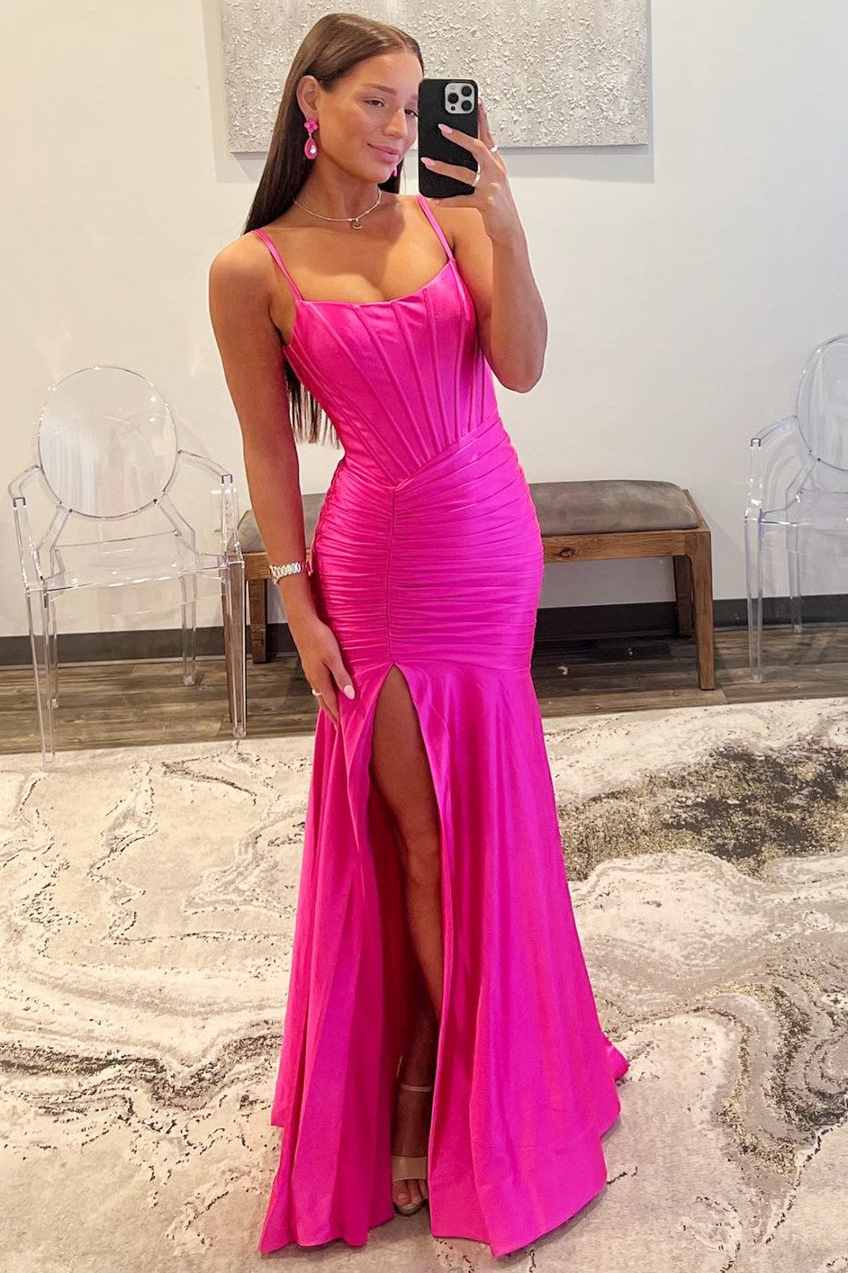 Hot Pink Scoop Neck Spaghetti Strap Long Prom Dress – Modsele