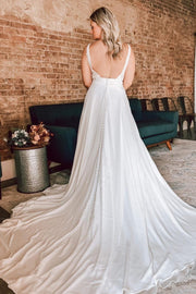 White Floral Lace Open Back Long Bridal Gown