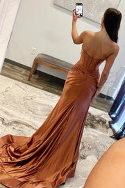 Classy Strapless Keyhole Mermaid Satin Long Prom Dress with Slit