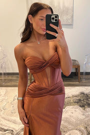 Classy Strapless Keyhole Mermaid Satin Long Prom Dress with Slit