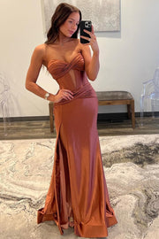 Classy Strapless Keyhole Mermaid Satin Long Prom Dress with Slit