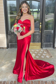Classy Strapless Keyhole Mermaid Satin Long Prom Dress with Slit