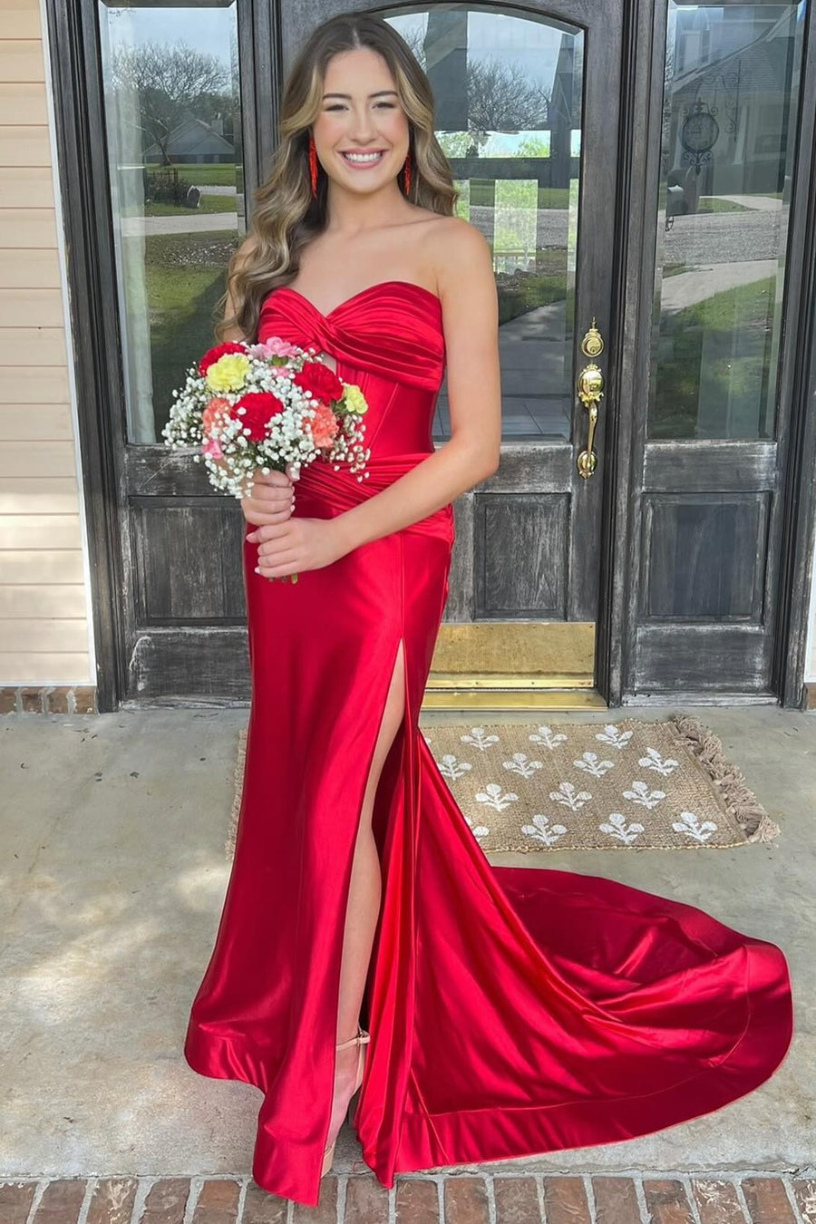Classy Strapless Keyhole Mermaid Satin Long Prom Dress with Slit