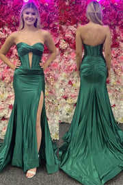 Classy Strapless Keyhole Mermaid Satin Long Prom Dress with Slit