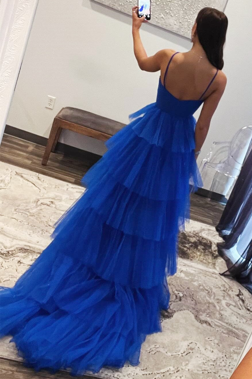 Blue Print Halter Keyhole Ruffle Tiered Long Prom Dress