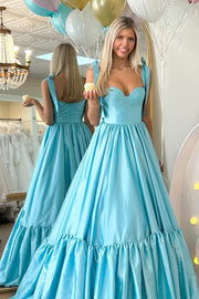 Sweetheart Bow Strap A-Line Long Prom Dress in aqua