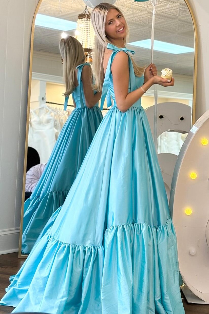 Sweetheart Bow Strap A-Line Long Prom Dress in aqua