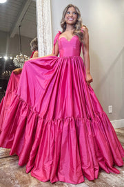 Sweetheart Bow Strap A-Line Long Prom Dress in hot pink