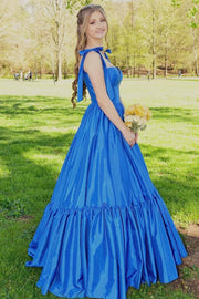 Sweetheart Bow Strap A-Line Long Prom Dress in royal blue