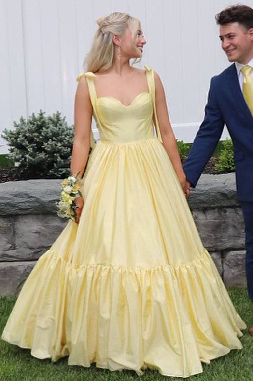 Sweetheart Bow Strap A-Line Long Prom Dress in yellow