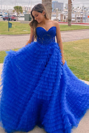 Appliques Sweetheart Ruffle Tiered A-Line Prom Dress in royal blue