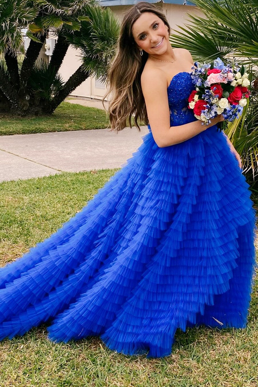 Appliques Sweetheart Ruffle Tiered A-Line Prom Dress in royal blue