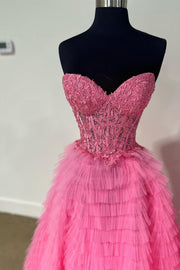 top of Appliques Sweetheart Ruffle Tiered A-Line Prom Dress in hot pink