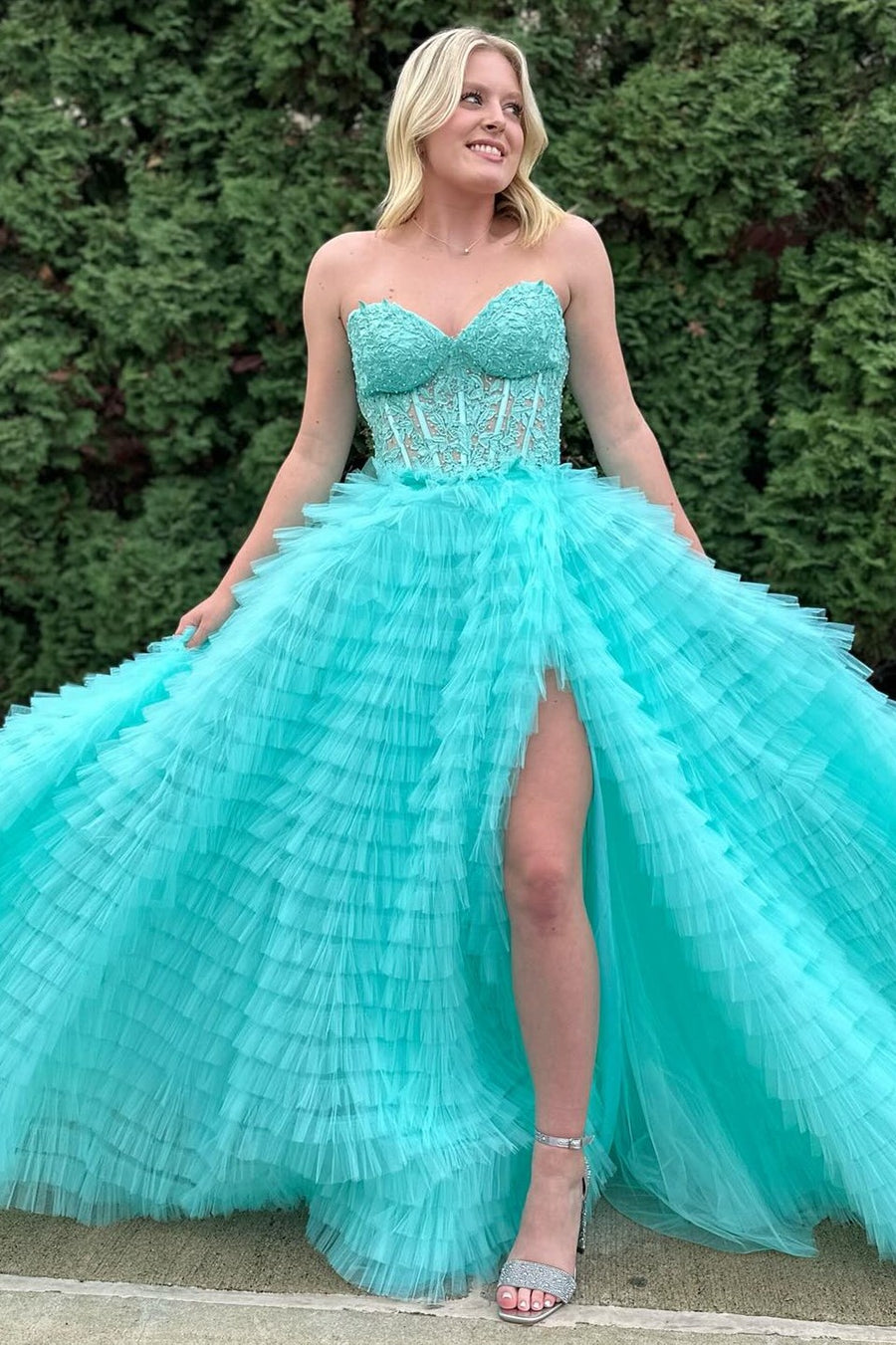 Appliques Sweetheart Ruffle Tiered A-Line Prom Dress in aqua blue