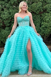 Appliques Sweetheart Ruffle Tiered A-Line Prom Dress in aqua blue