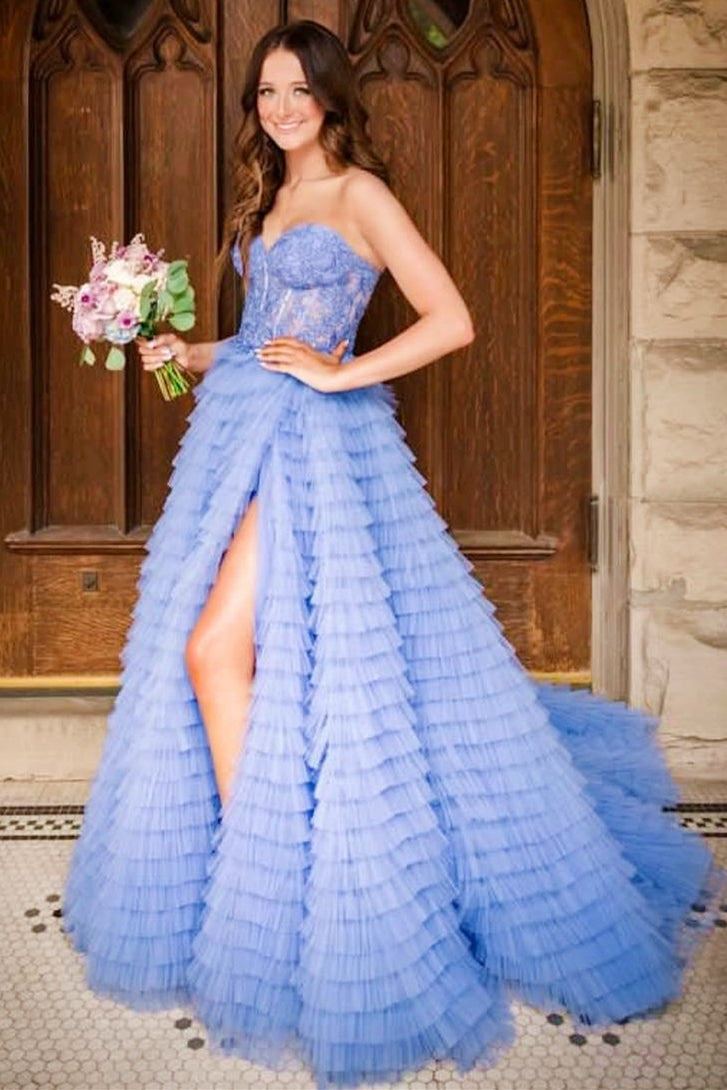 Appliques Sweetheart Ruffle Tiered A-Line Prom Dress in periwinkle 