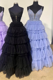 Black Beaded Spaghetti Strap Ruffle Tiered Ball Gown
