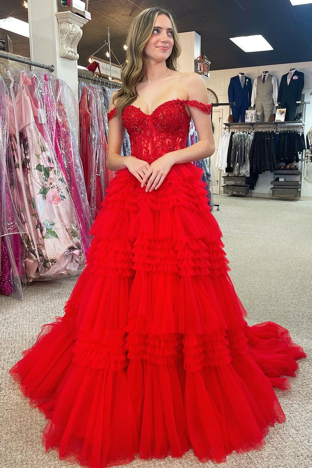 Red Tulle Off The Shoulder Ruffle Tiered Long Prom Dress Modsele 6352