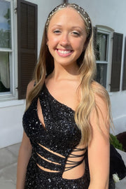 Black Sequin One-Shoulder Keyhole Lace-Up Long Prom Dress