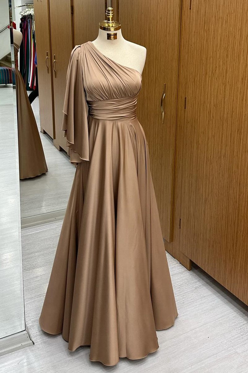 Champagne One-Shoulder Flared Sleeve A-Line Long Formal Dress – Modsele