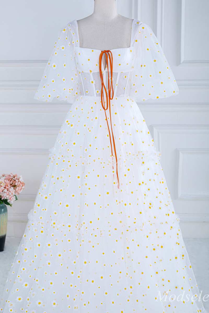 White Daisy Print Square Neck Puff Sleeve A-Line Long Prom Dress