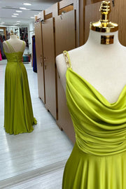 Olive Green Cowl Neck Chain Strap A-Line Long Prom Dress