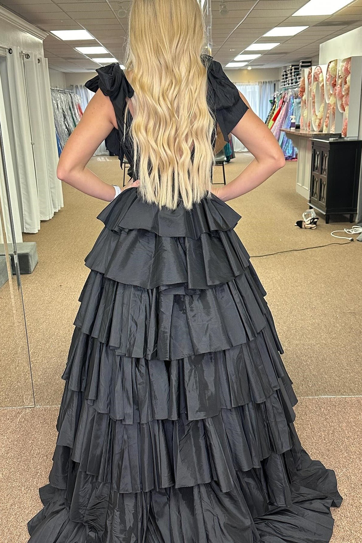 Black Plunge V Ruffle Tiered Ball Gown with Slit