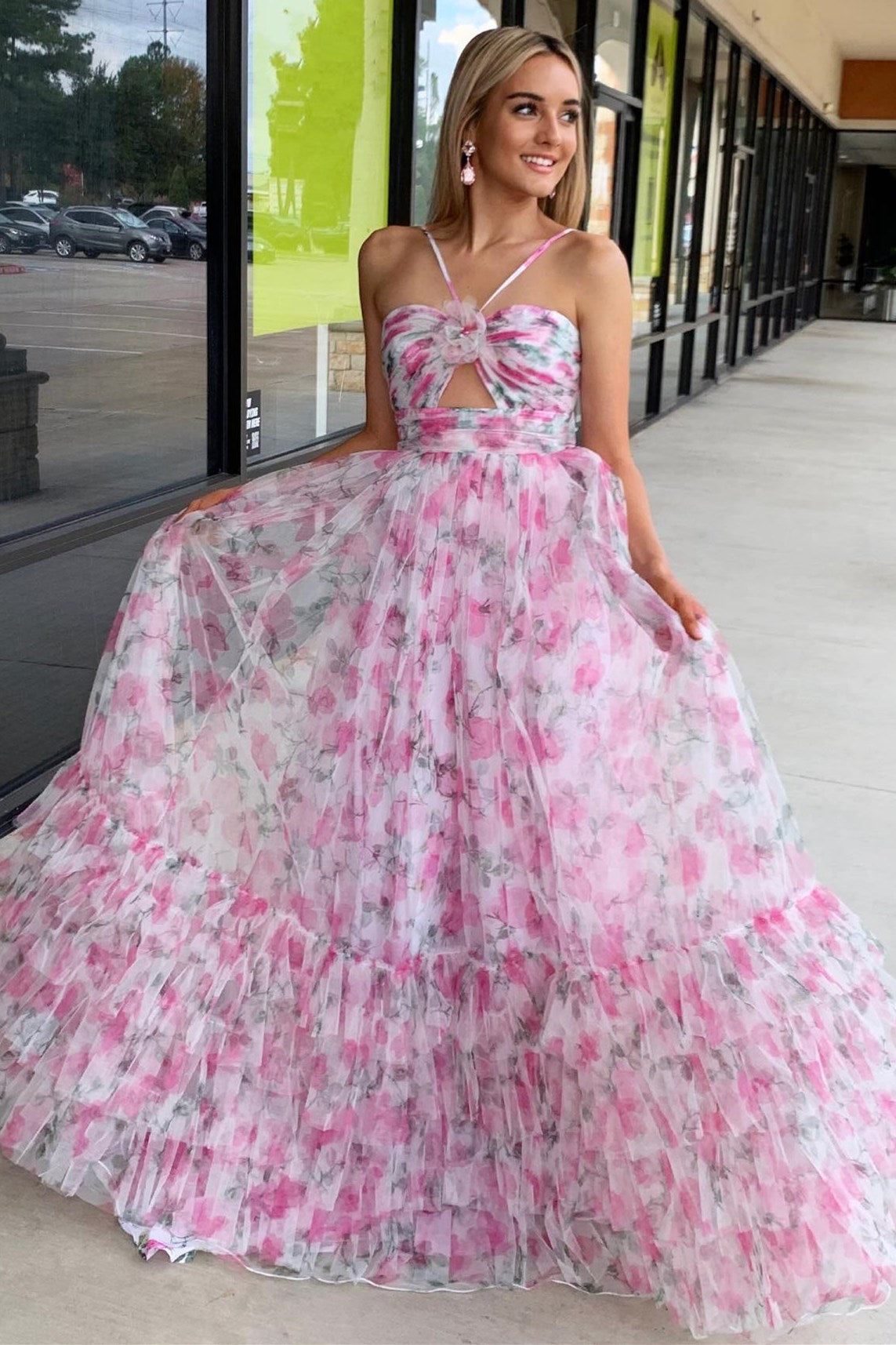 Pink Print Halter Keyhole A-Line Long Prom Dress