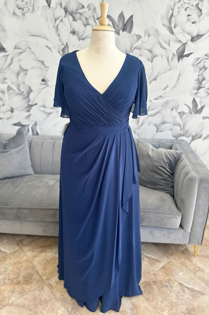 Navy Chiffon Surplice Ruffle Long Formal Dress  Modsele