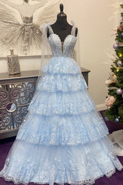 Light Blue Tulle Appliques Tying Strap Ruffle Tiered Long Prom Dress