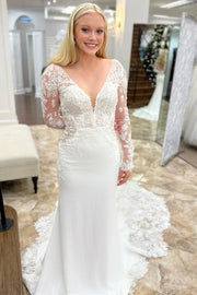 White Appliques Plunge V Mermaid Bridal Gown with Long Sleeves