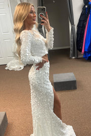Two-Piece White Sequin Long Sleeve Maxi Dress with Slit