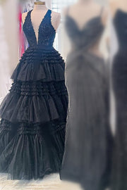 Red Tulle Appliques Halter Ruffle Tiered Ball Gown