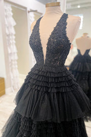 Red Tulle Appliques Halter Ruffle Tiered Ball Gown