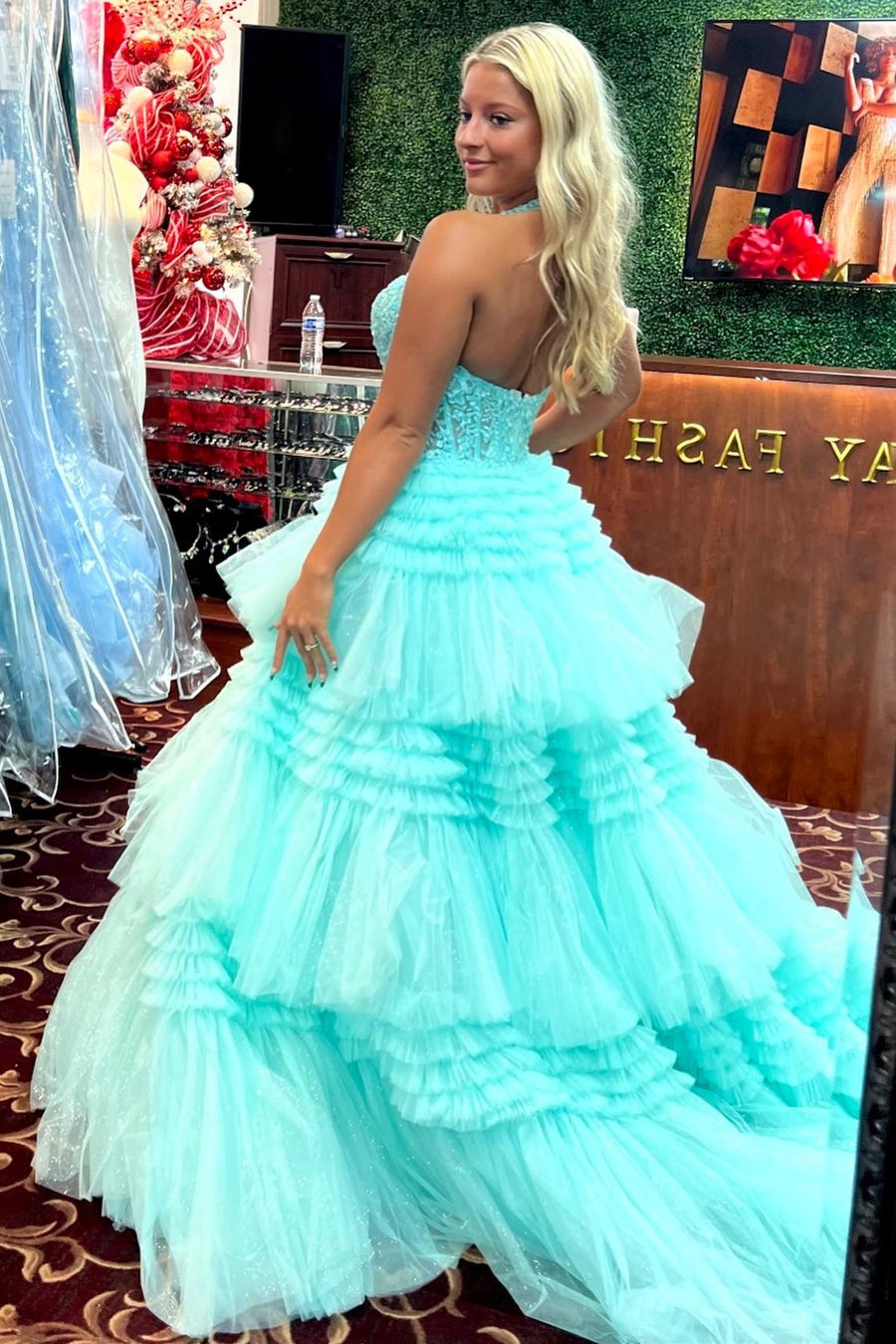 Red Tulle Appliques Halter Ruffle Tiered Ball Gown