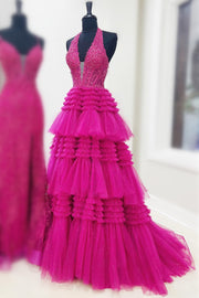 Red Tulle Appliques Halter Ruffle Tiered Ball Gown