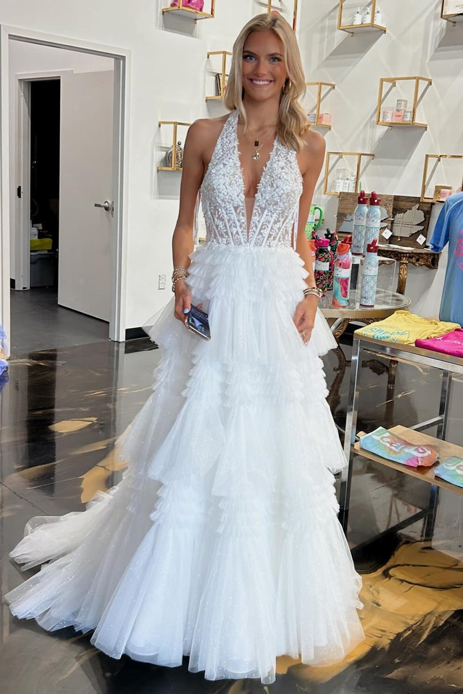 Red Tulle Appliques Halter Ruffle Tiered Ball Gown