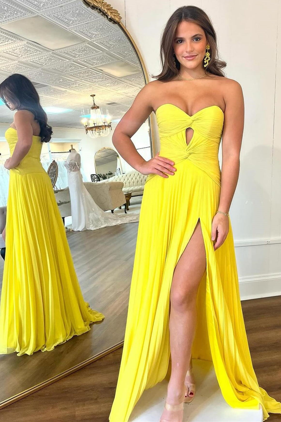 Strapless Keyhole Pleated A-Line Prom Dress in yellow
